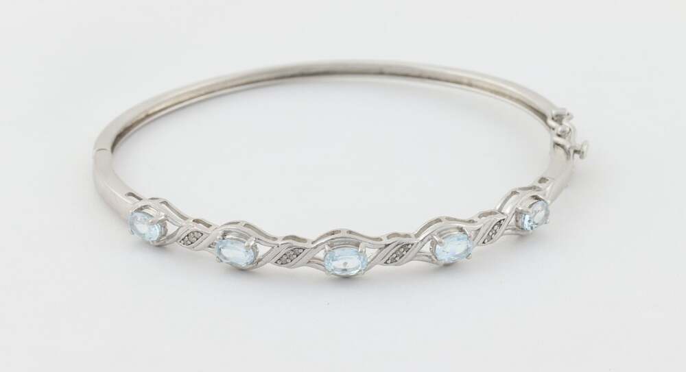 Sterling Silver Natural Light Blue Topaz & Diamond Bangle Bracelet 8"